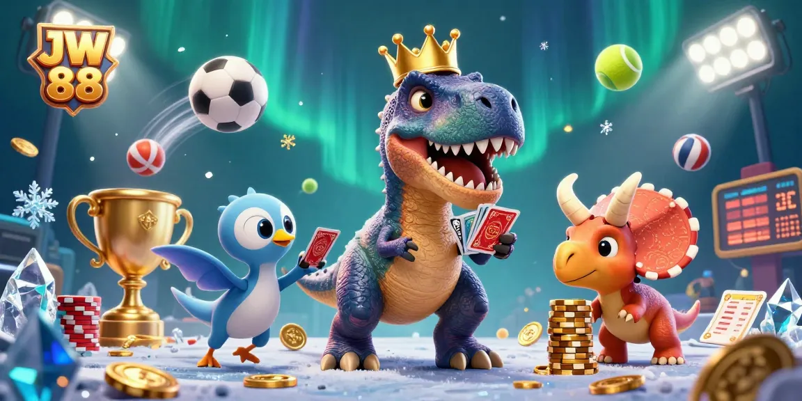 Experience thrilling wins with JW 88 as a T-Rex shuffles cards alongside vibrant gaming elements.