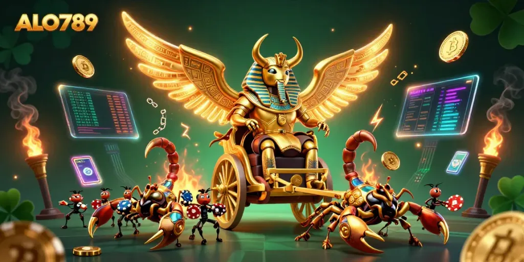 Experience thrilling moments with ALO789 in a vibrant casino scene featuring unique characters and golden elements.
