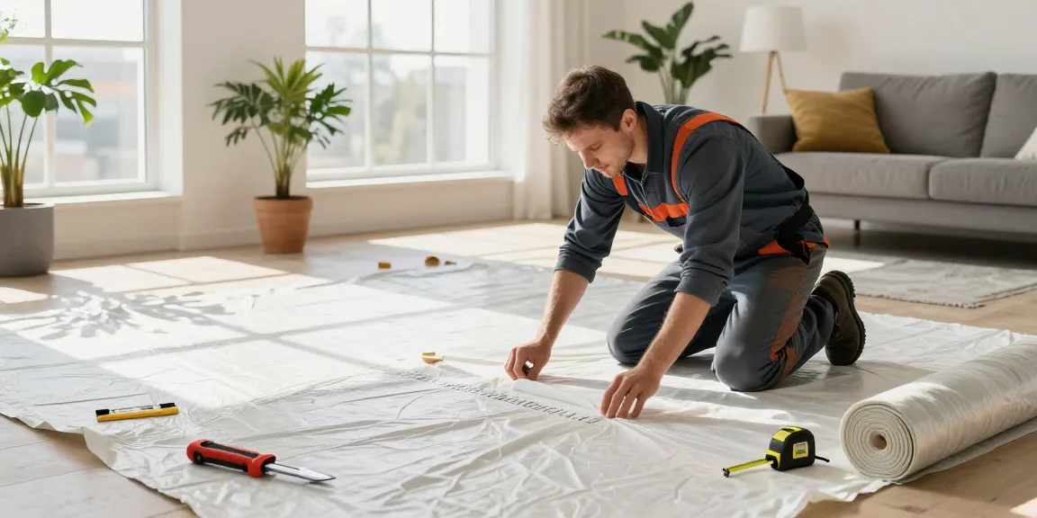 Installation von Dampfsperrfolie in einem modernen Wohnzimmer, das den Feuchtigkeitsschutz hervorhebt.