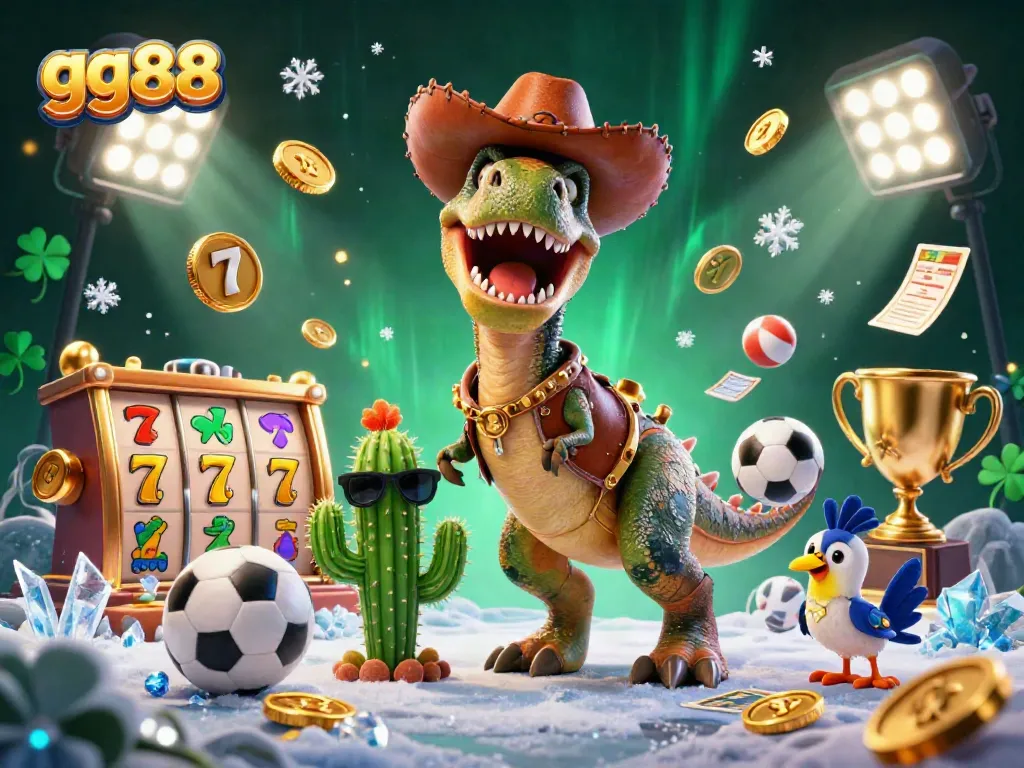 Experience the excitement of gg88 with a vibrant 3D scene featuring a cowboy dinosaur amidst dynamic gambling elements.