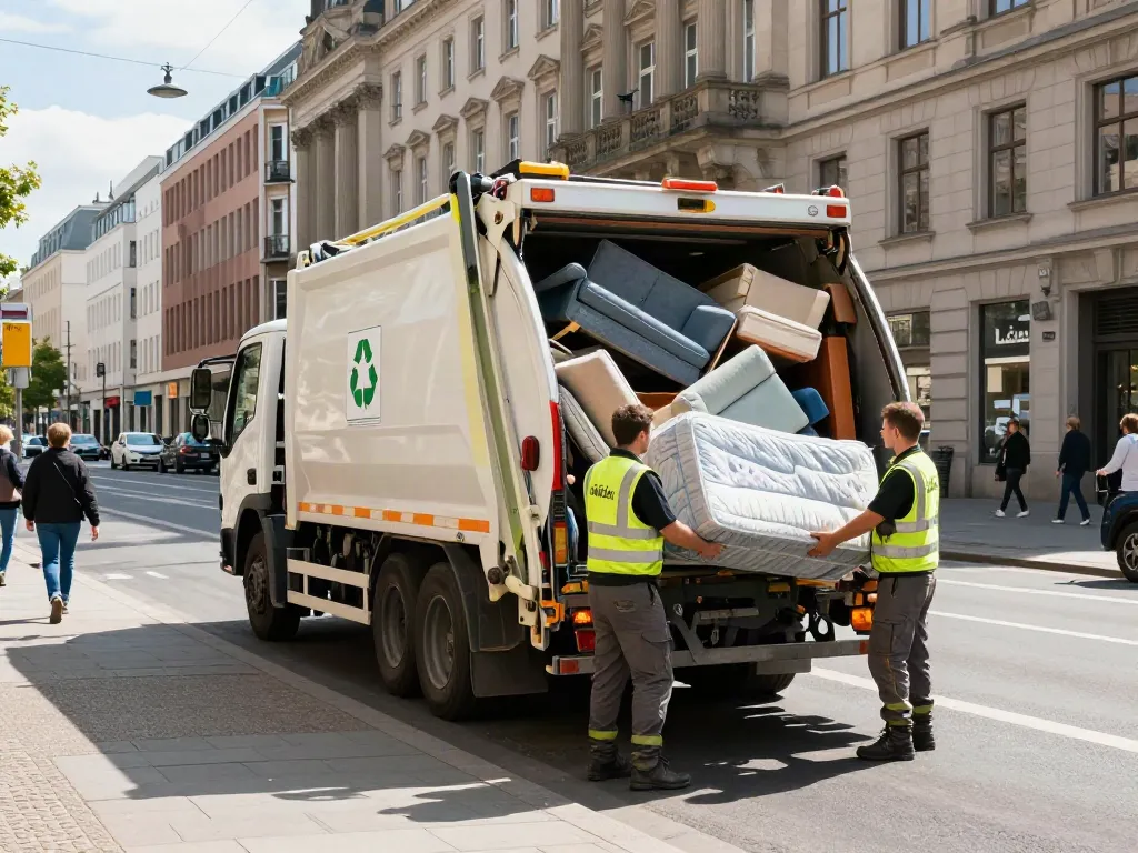 Sperrmüll Entrümpelung Berlin: Professionelles Team räumt Möbel und Abfall in Berliner Stadtlandschaft ab.