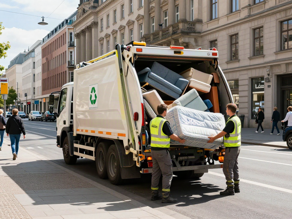 Sperrmüll Entrümpelung Berlin: Professionelles Team räumt Möbel und Abfall in Berliner Stadtlandschaft ab.