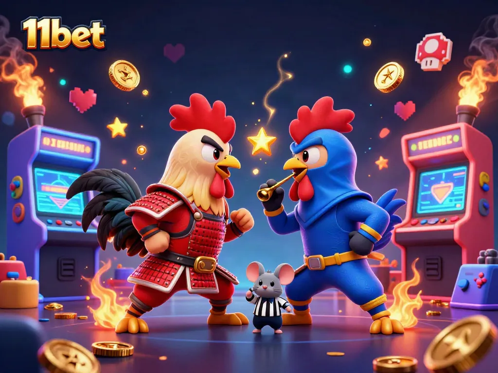 Engage in thrilling gaming action with 11bet featuring dynamic fighting roosters and vibrant casino elements.
