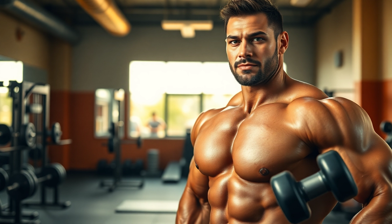 Trenbolon kaufen: Muscular athlete training with intense focus in a bright gym setting.