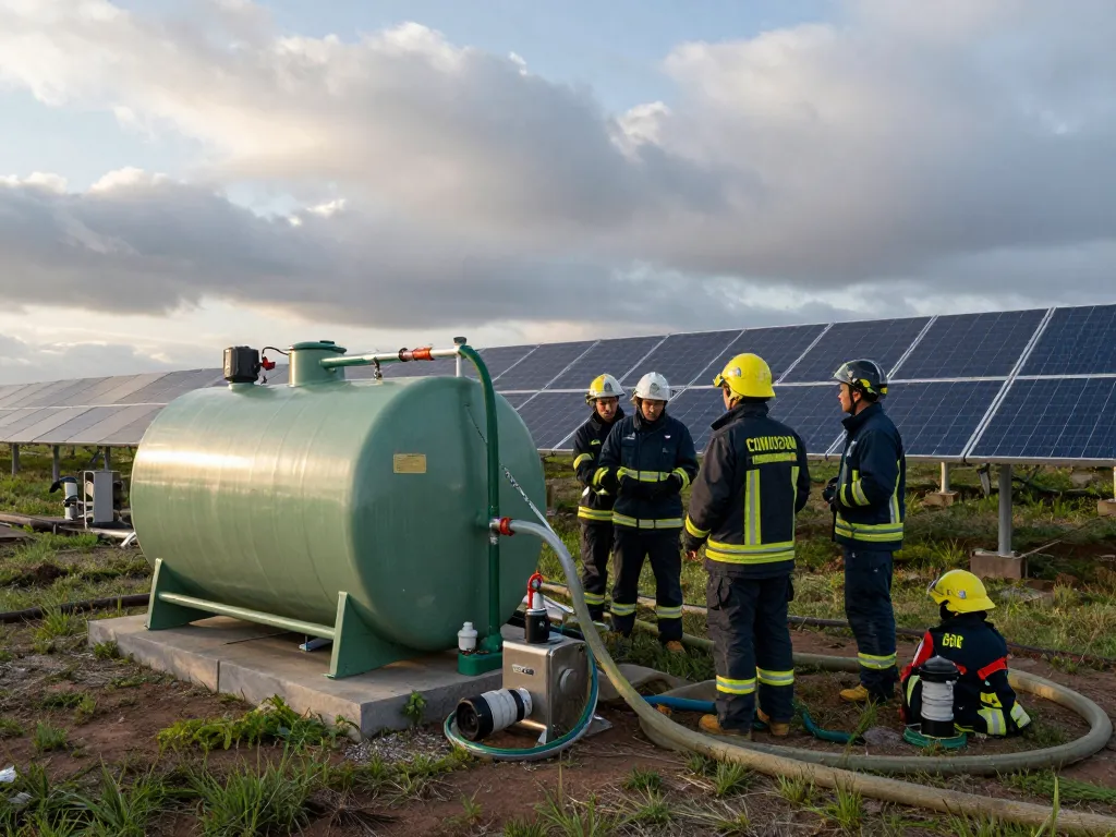 Brandschutzexperten bewerten Löschwasser für PV-Park Lagerlösungen bei Sonnenaufgang in einem Solarpark.