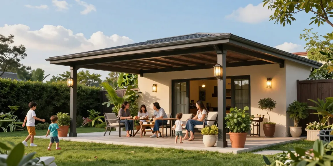 Freistehende Terrassenüberdachung im Garten mit Familie und eleganter Möbelgruppe.