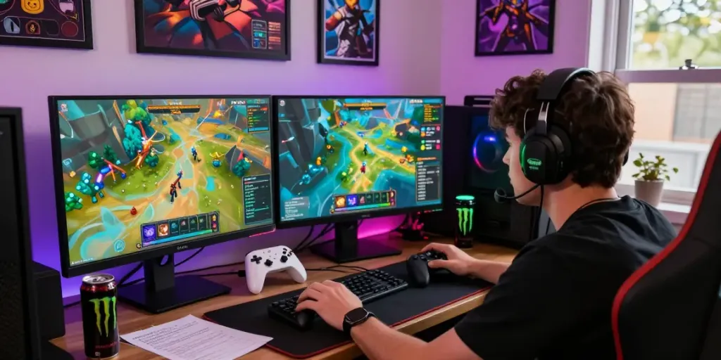 Player immersed in rokok88 leveling strategies in a vibrant gaming setup.