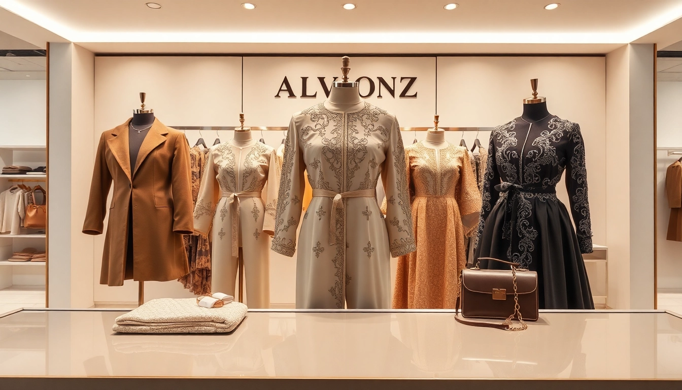 Explore Alvionz luxury fashion with stunning garments in a modern boutique setting.