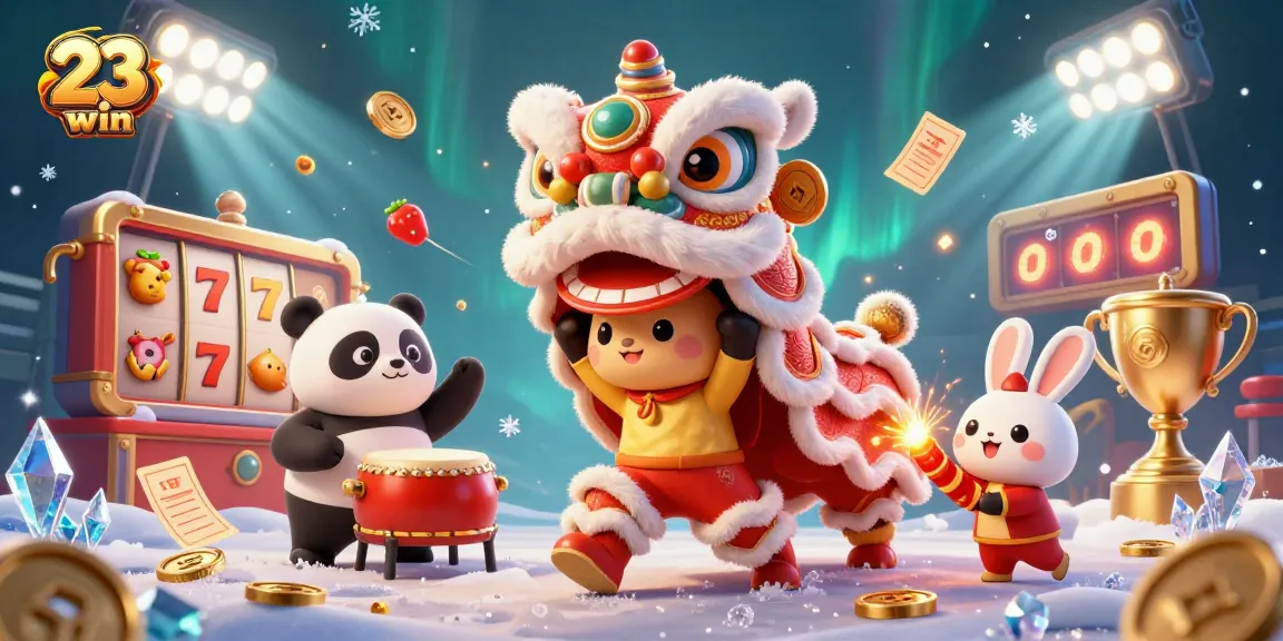 Experience winning with 23 win's vibrant casino scene featuring slot reels, gold coins, and lively characters.