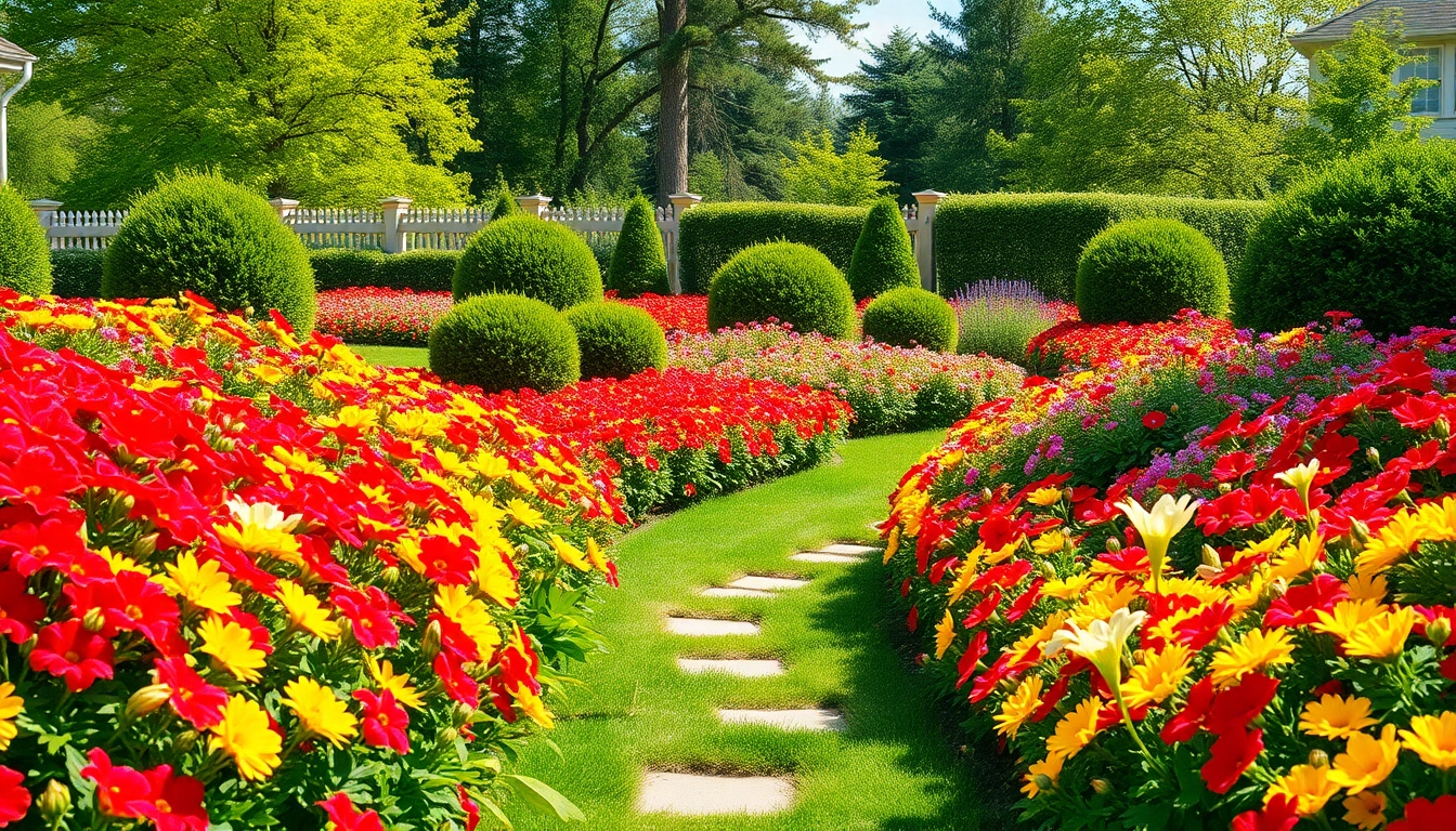 Gartenbau mit bunten Blumen und gepflegten Sträuchern in einem idyllischen Garten.