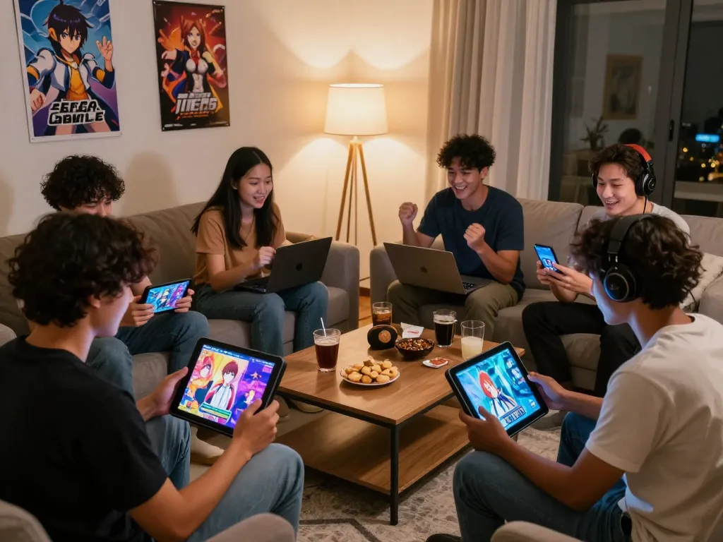 Players enjoying engaging game sex experiences on various devices in a cozy setting.