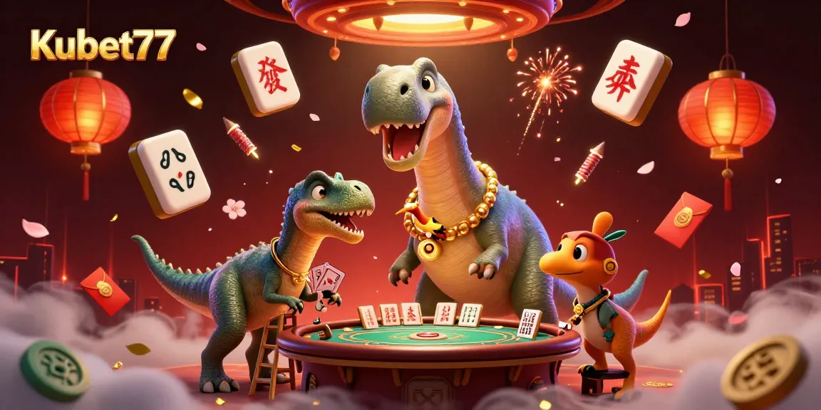 Engage in thrilling gameplay at Kubet77 with a dynamic 3D casino scene featuring a massive dinosaur.