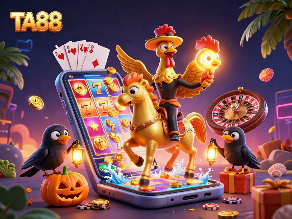 Experience exciting gameplay at TA88 with golden rooster characters amidst thrilling casino elements.