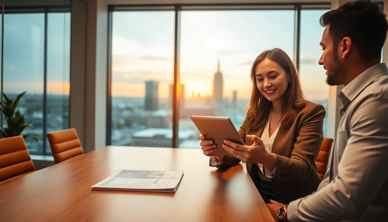 Immobilienmakler Frankfurt Dornbusch in einem modernen Büro, Immobilien mit Kunden besprechen.