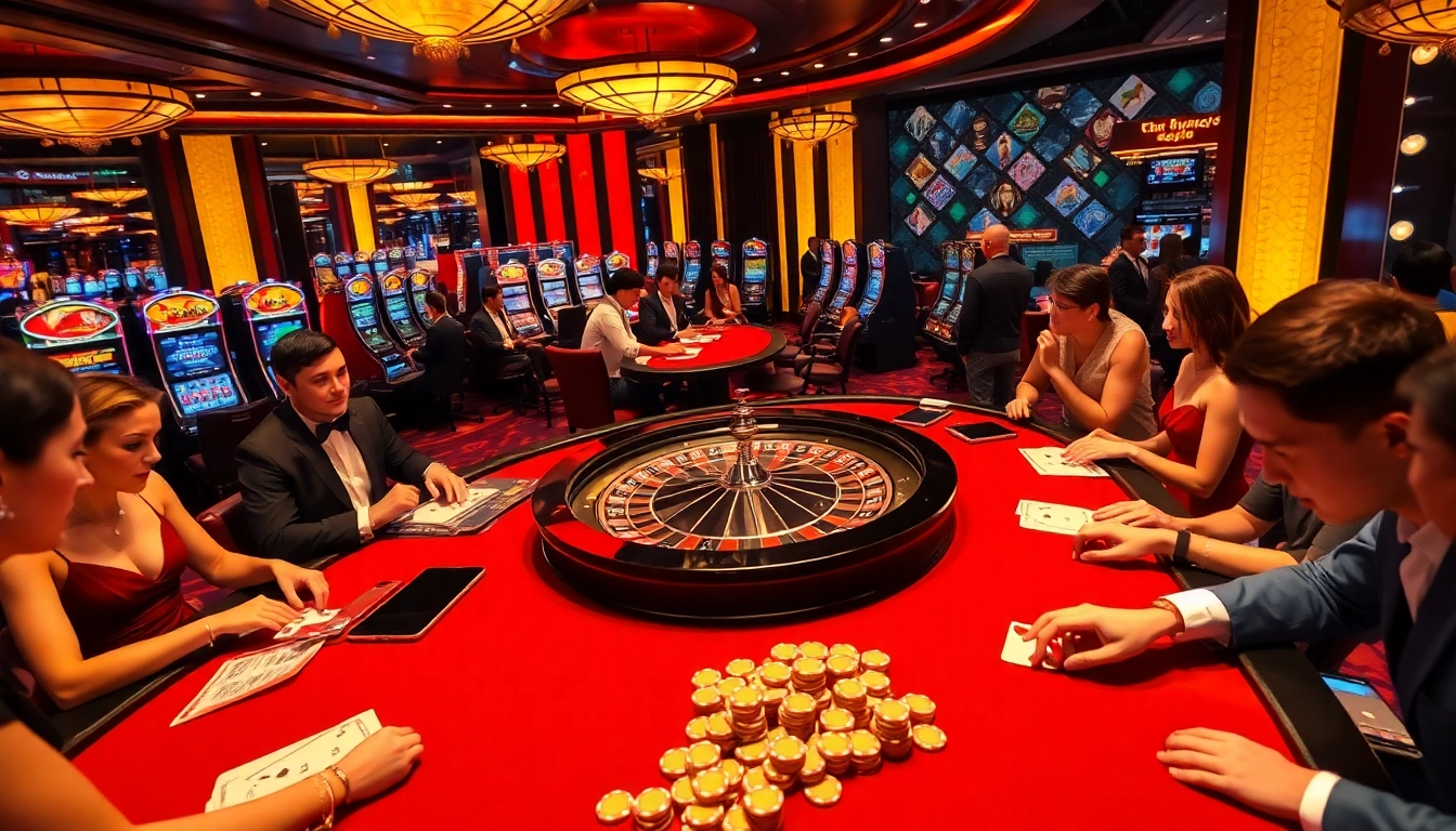 Exciting casino gaming scene featuring S8 link vibes with gamblers and vibrant slot machines.