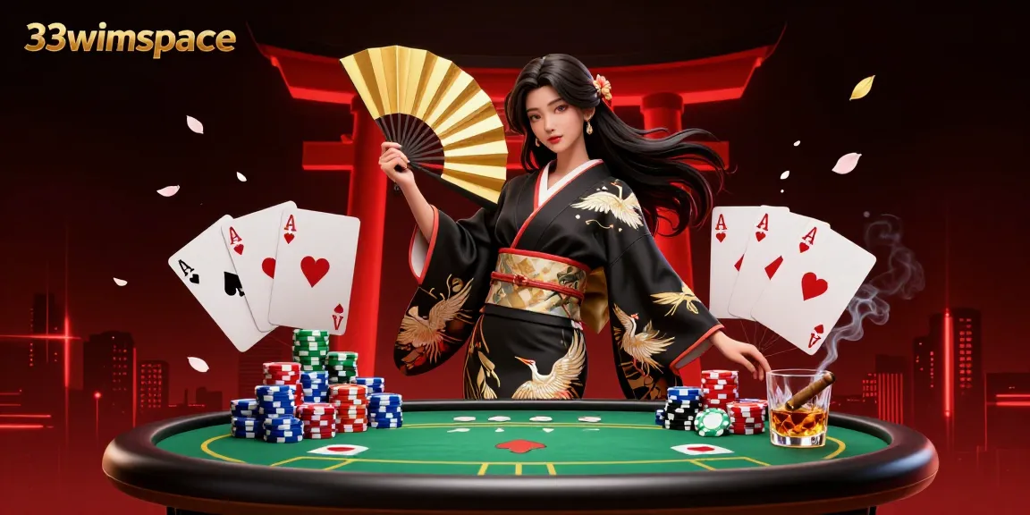Experience thrilling gaming at 33winspace with vibrant poker action featuring an elegant Asian woman amidst dynamic elements.