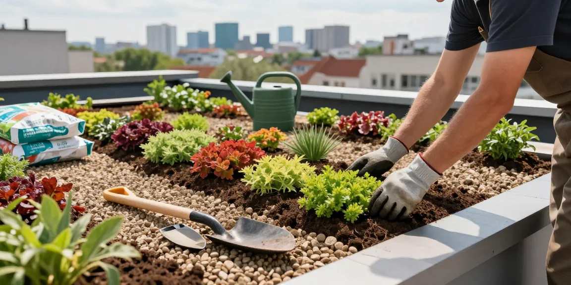 Dachgarteninstallation, die den Garagendach Aufbau mit lebhaften Sedum-Pflanzen und Werkzeugen demonstriert.