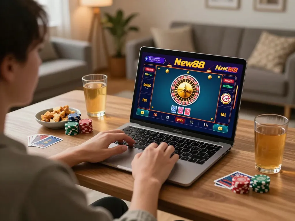 Engaging gameplay on New88 com, showcasing online roulette at cozy home desk