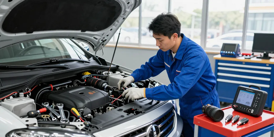 Techniker arbeitet an Autoschlüsseln mit "Bitte schön" Dienstleistungen in einer modernen Werkstatt.