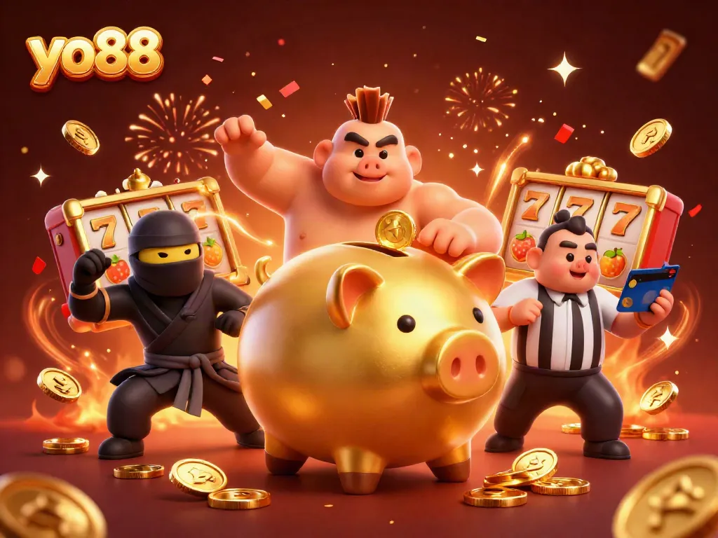 Exciting yo88 scene showcasing a golden piggy bank and characters amid slot reels, celebrating with confetti.