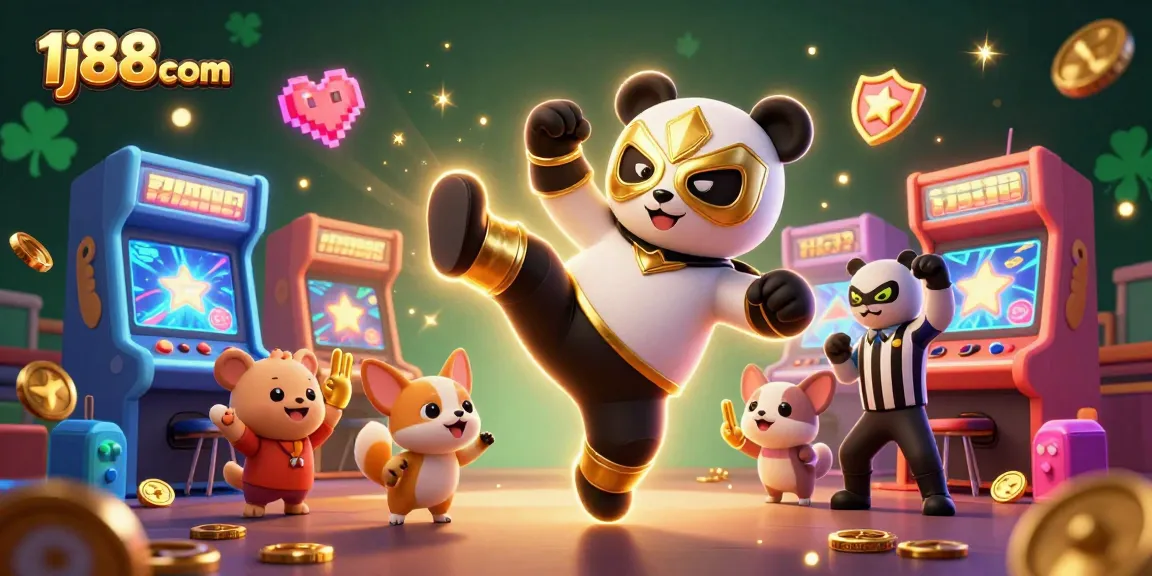 Engage in exciting gaming adventures at 1j88com with cartoon panda kicking into action and vibrant casino visuals.