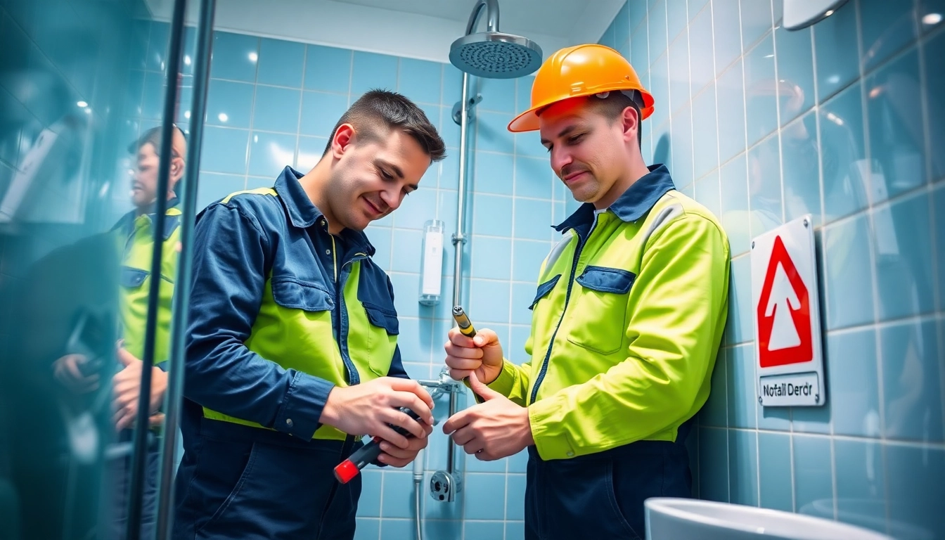 Professionelles Installateur Notdienst-Team repariert Sanitäranlagen in einem Badezimmer.