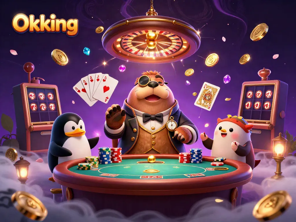 Experience lively poker action at Okking with a jolly walrus and dynamic casino elements.