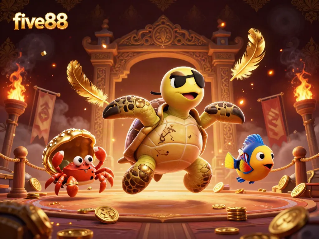 A 3D pirate turtle and friends celebrate the thrill of betting at five88's casino games with gold coins and dramatic visuals.