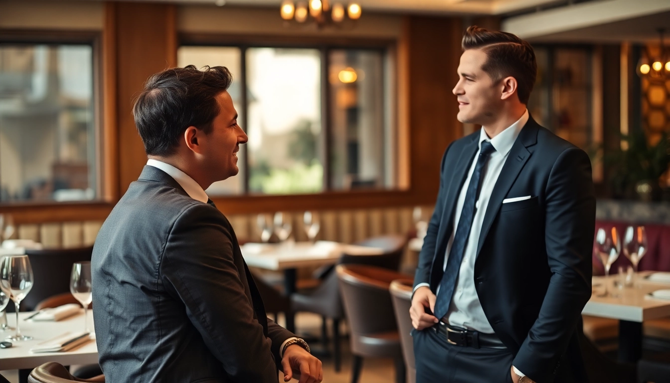 Headhunter Gastronomie in einem Gespräch mit einem Kandidaten in einem eleganten Restaurant, eine professionelle und einladende Atmosphäre schaffen.