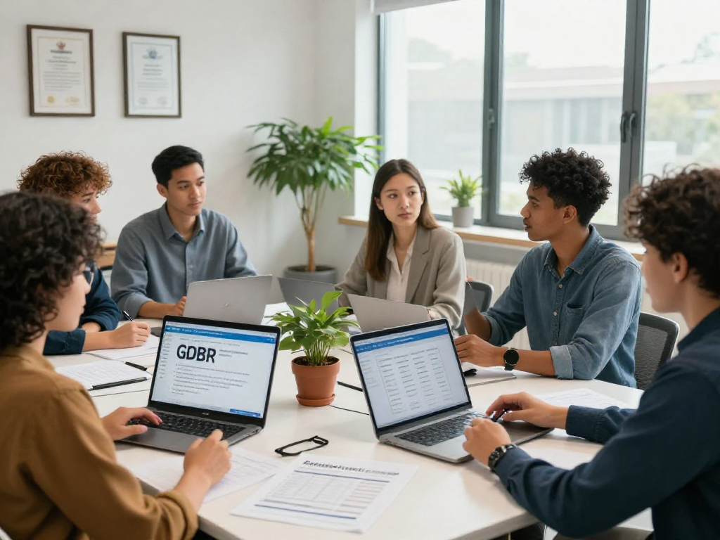 Engaged professionals discussing data protection and accessibility for Öffentliche und gemeinnützige Einrichtungen Kommunen in a modern office.