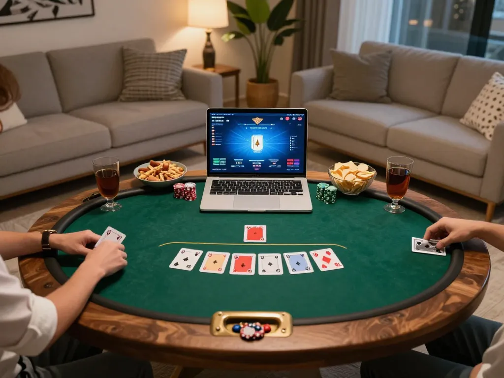 Engaged player strategizing in a cozy setting while enjoying O8 FOREX online poker on a laptop