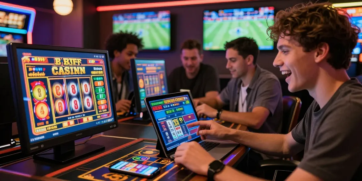 Spieler im Beef Casino genießen aufregende Spiele auf verschiedenen Geräten in einer lebhaften, einladenden Umgebung.