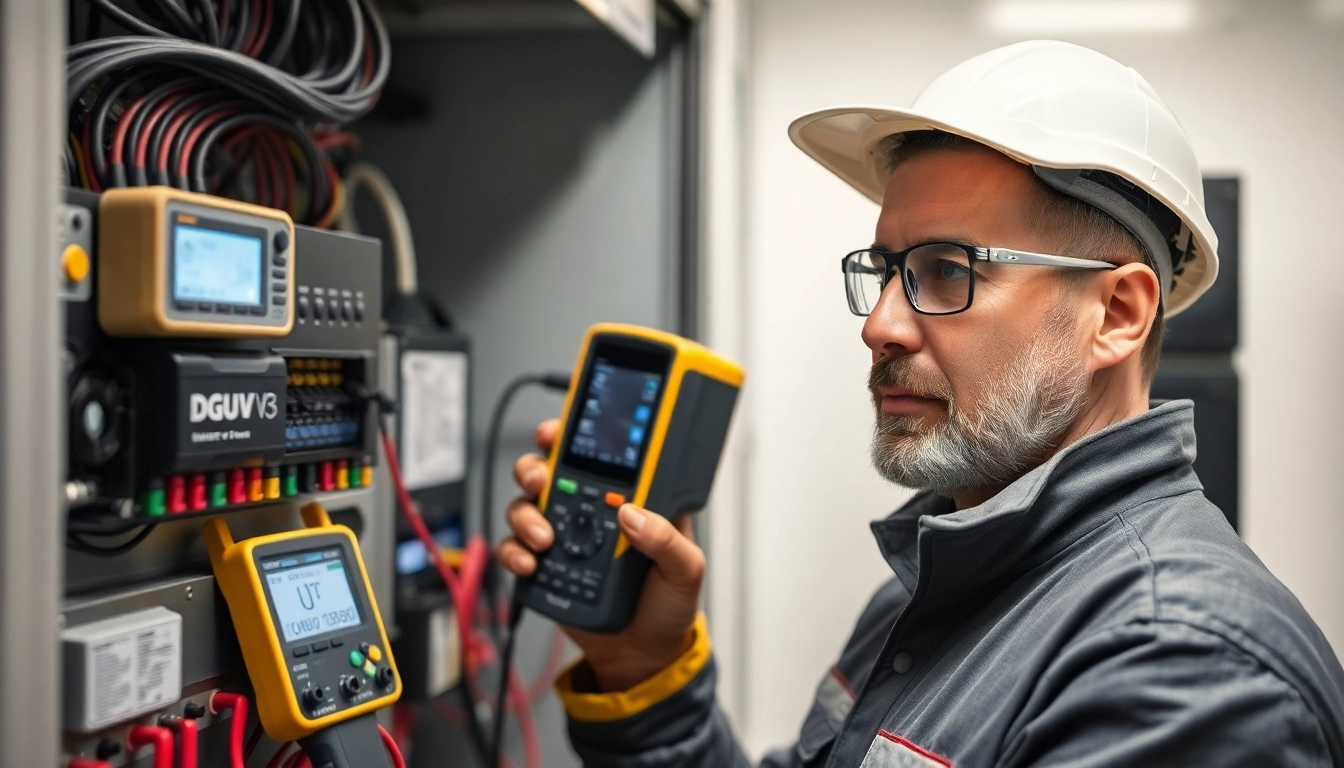 Techniker führt eine DGUV V3 Prüfung an elektrischen Geräten durch.