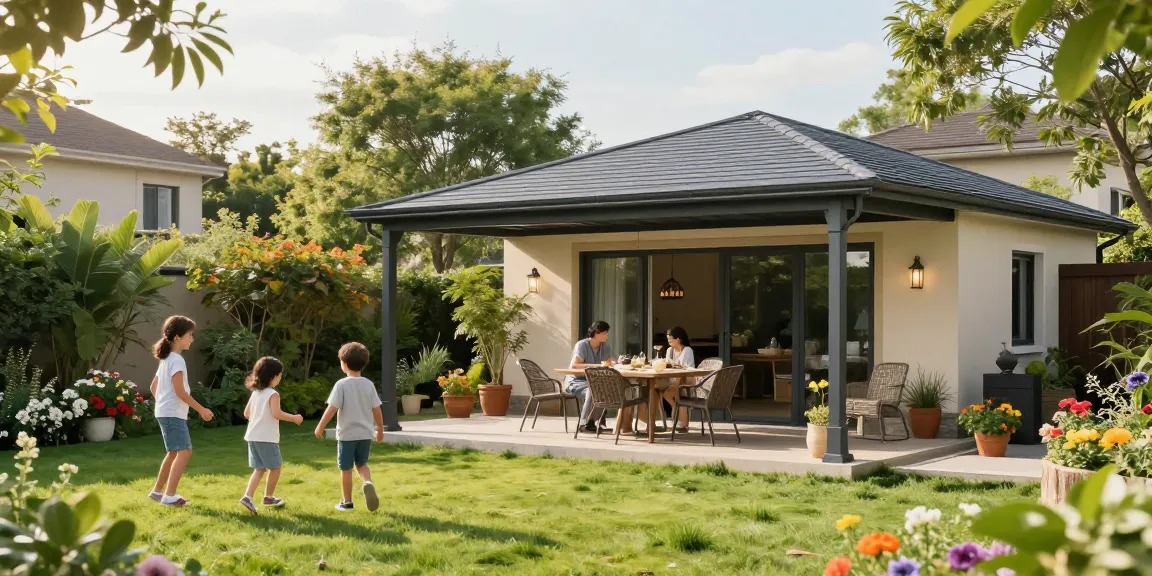 Terrassenüberdachung freistehend im Garten mit Familie und Kindern auf der Wiese.