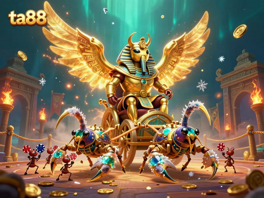 Experience high-stakes excitement at ta88 with a vibrant 3D golden scarab and scorpions scene.