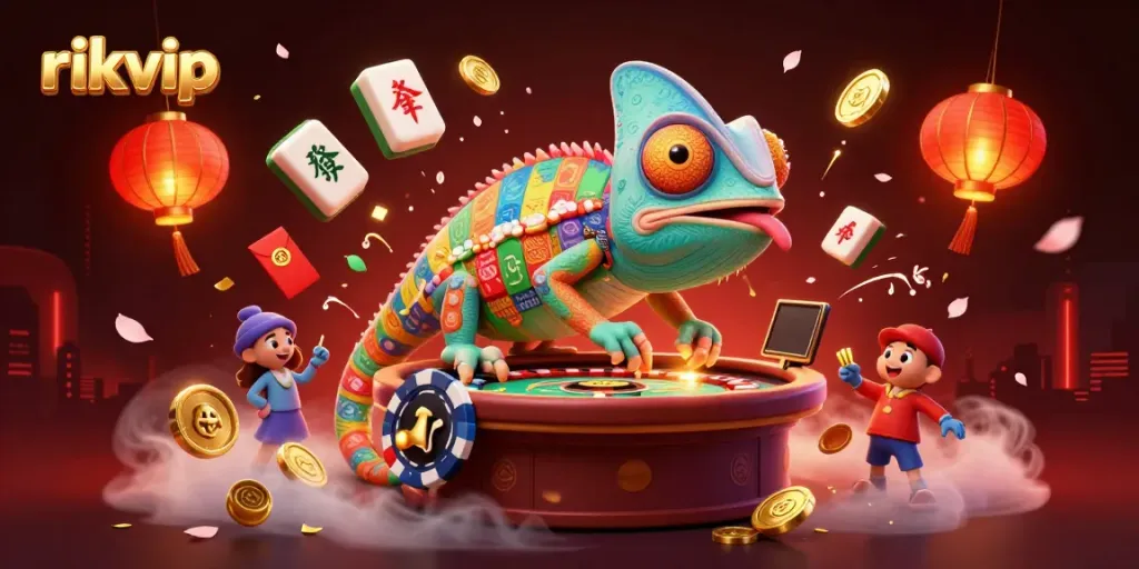 Experience vibrant gambling action at rikvip with a colorful 3D chameleon casino owner and dynamic elements.