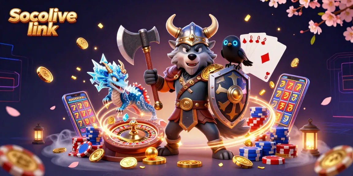 Watch sports highlights with Socolive link as Viking warrior celebrates betting victories surrounded by casino treasures.