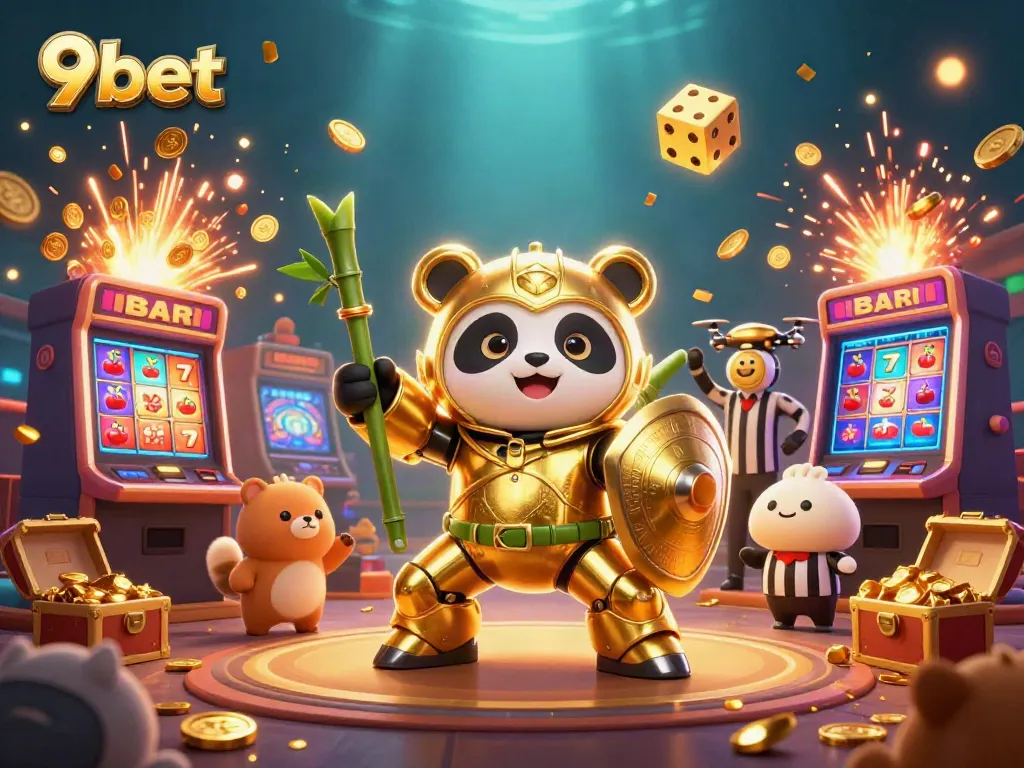 Engage with thrilling 9bet casino action in an ultra-detailed illustration of a mech-suit panda in a vibrant gaming arena.
