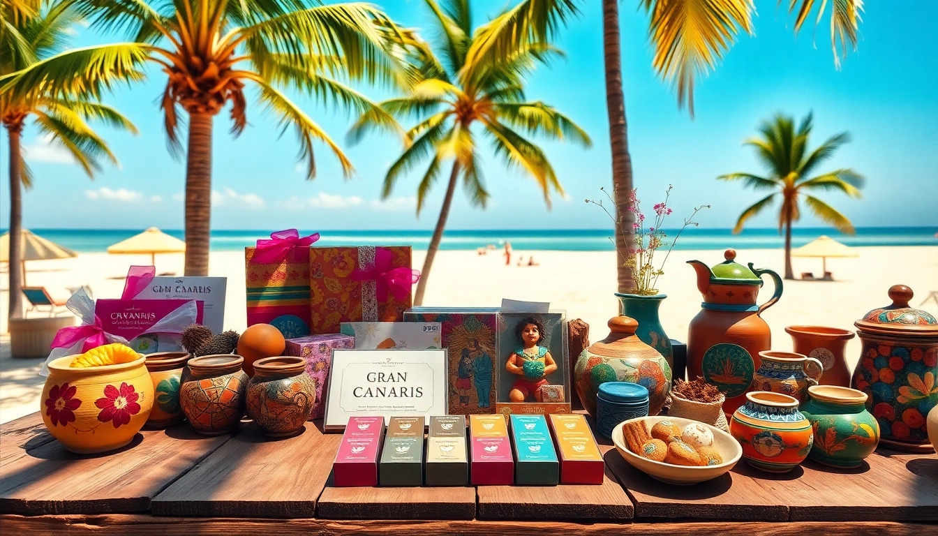 Gran Canaria souvenirs displayed vibrantly on a rustic table showcasing local crafts and colors.