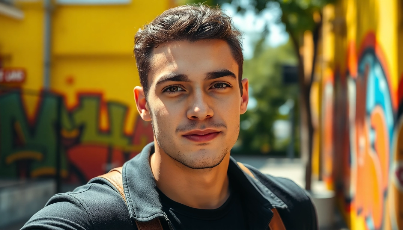 Tinder bilder von einem selbstbewussten Mann in urbanem Umfeld mit lebhaftem Streetart