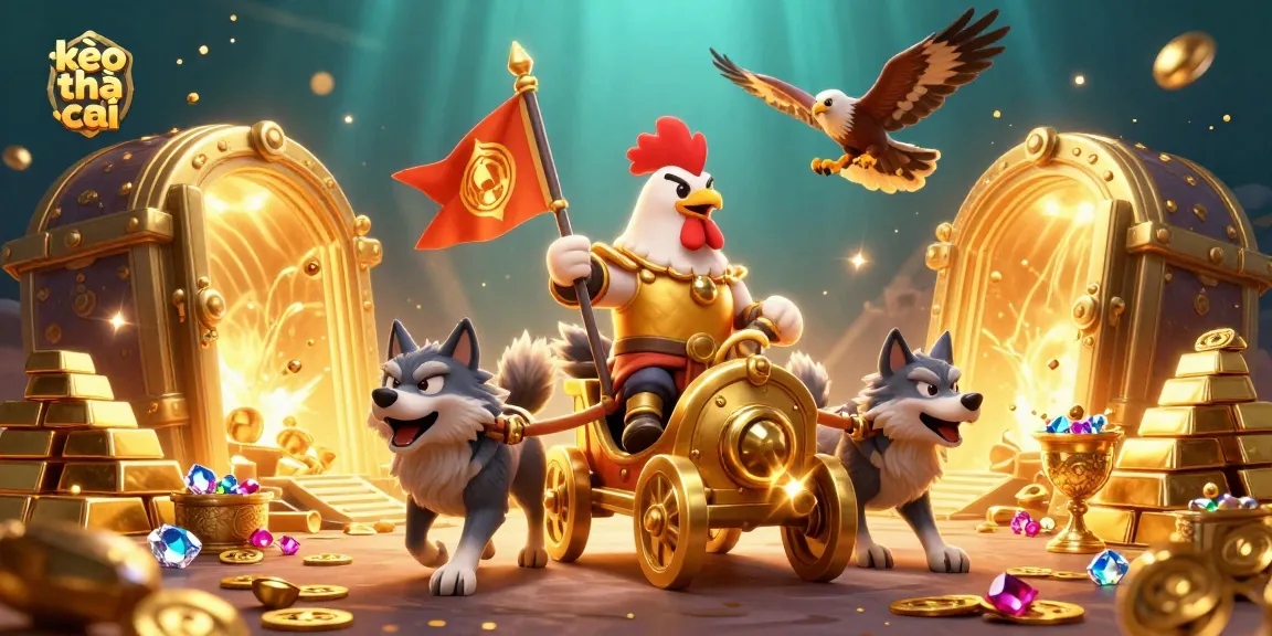 Bet on kèo nhà cái with an engaging illustration of a rooster warlord leading his team amidst treasures.