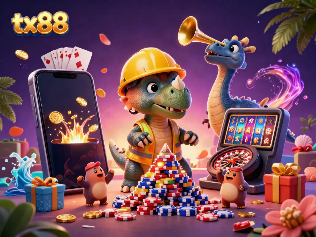 Engage with tx88's vibrant casino world, featuring characters celebrating with poker chips, slot games, and festive elements.