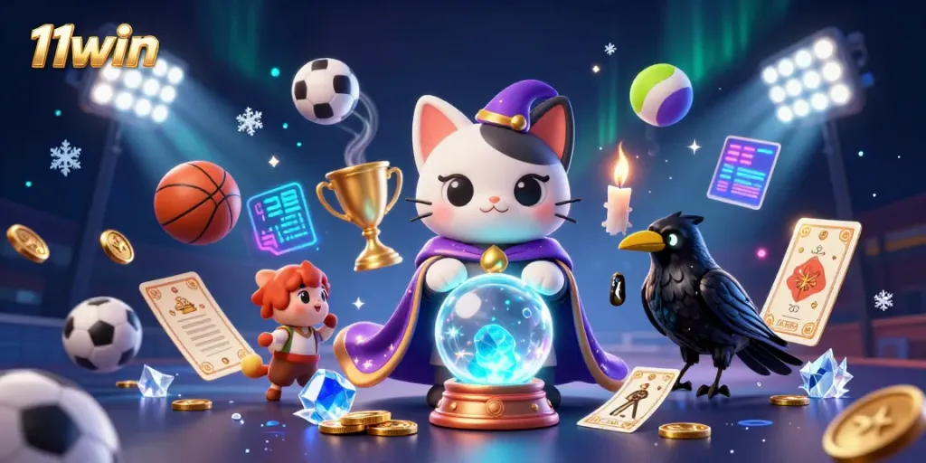 Experience top-tier gaming action with 11win's vibrant 3D casino illustration featuring unique characters and dynamic sports elements.