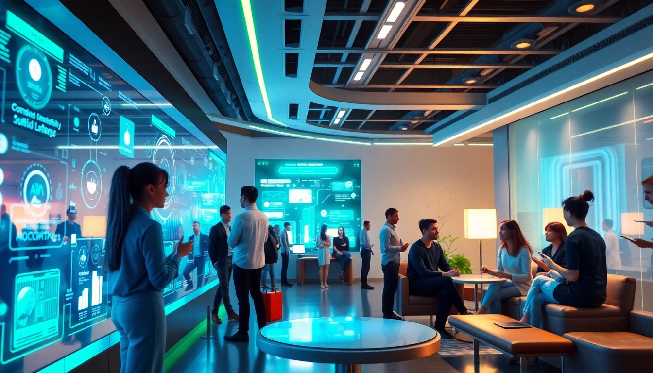 Engaging users interacting with juicy AI chatbots in a modern tech setting, showcasing innovation and satisfaction.