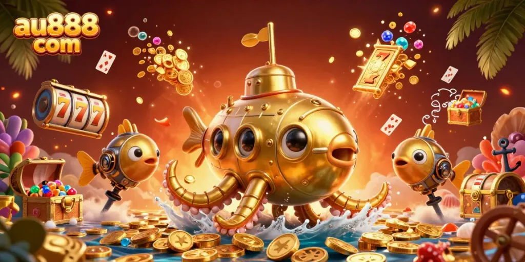 Engaging illustration of au888 com promoting online casino games with vibrant gold coins and slot elements.