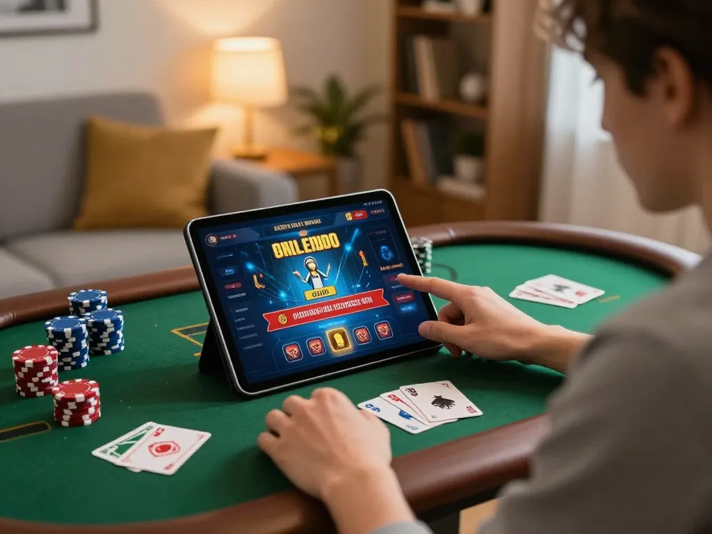 Enjoying strategic gameplay on 58Win online casino app with chips and cards on the desk