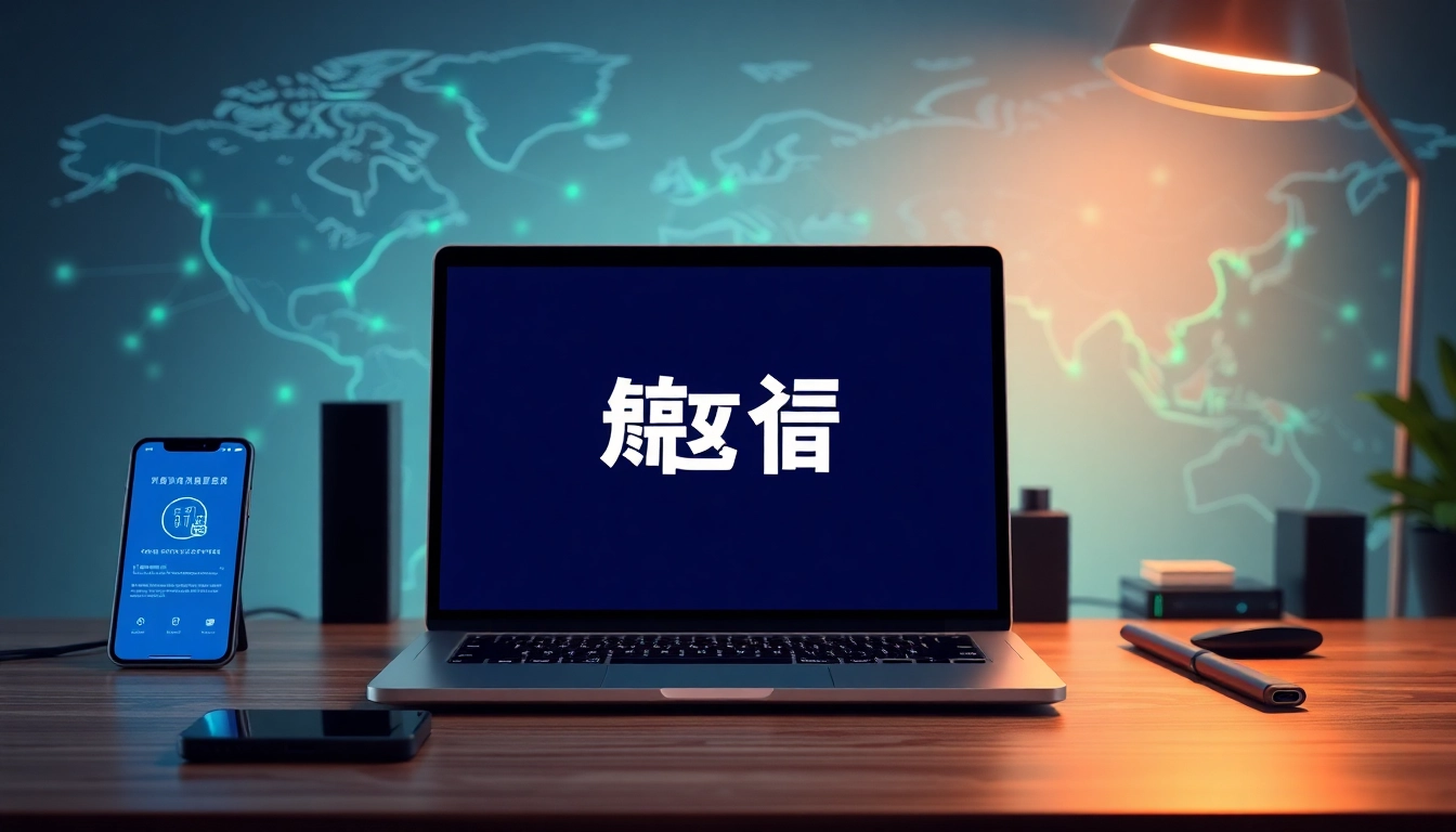 在现代数字化工作区的笔记本电脑上展示的快连官网界面，象征全球互联。