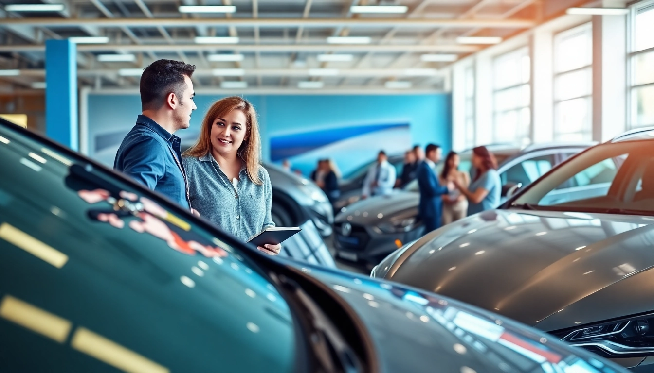 Auto kaufen: Menschen beim Autokauf erleben in einem modernen Autohaus.