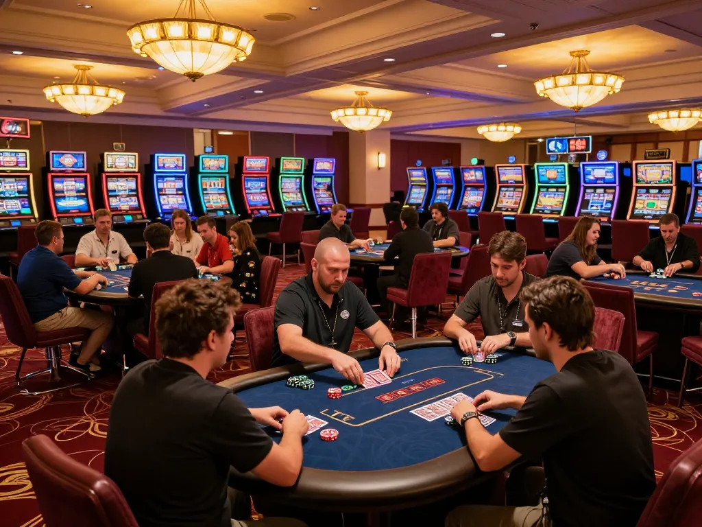 Players enjoying a strategic poker game at ALO8 PRO casino, lively atmosphere with vibrant lighting.