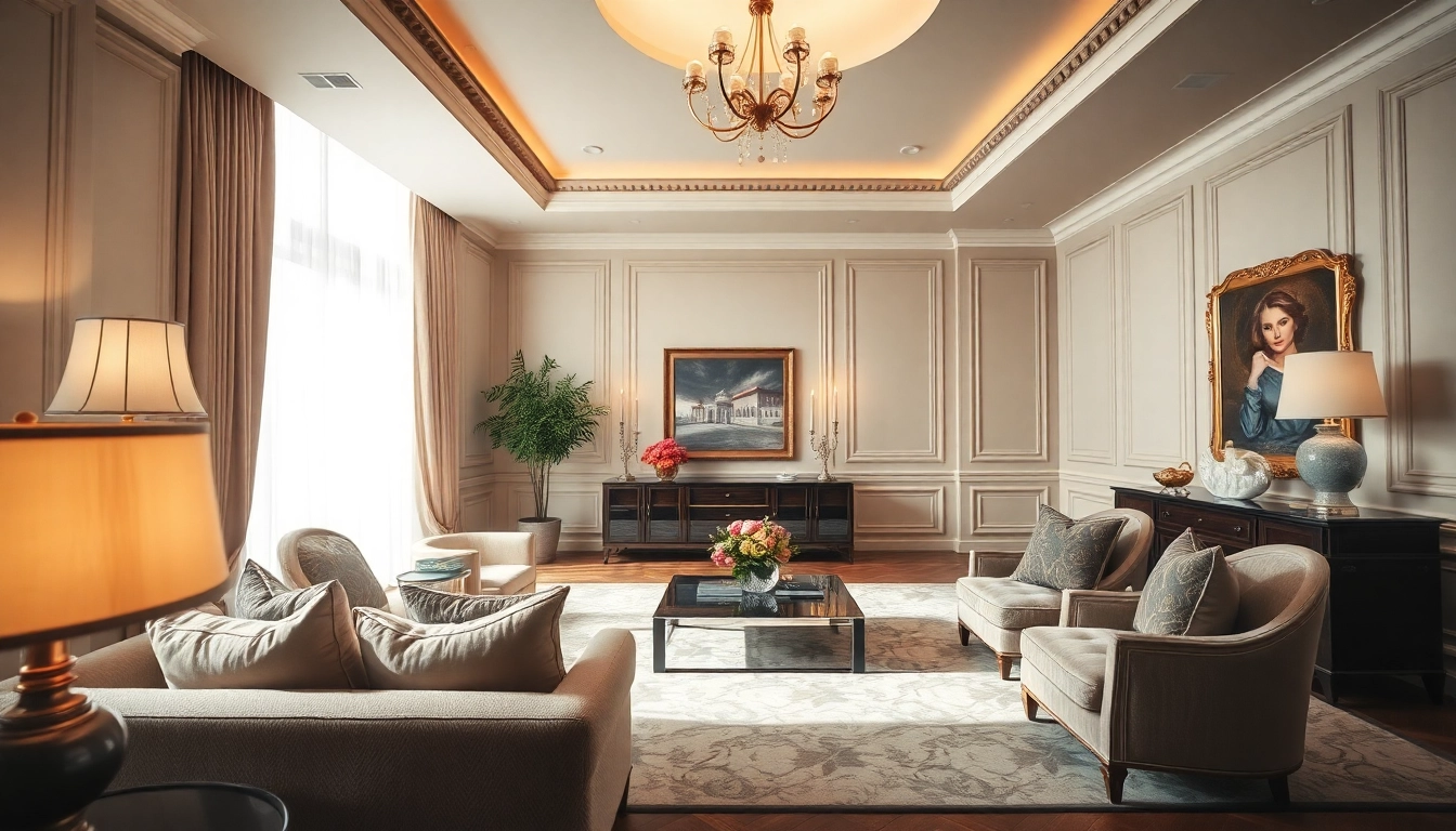 Luxury living room with elegant furniture creating a sophisticated atmosphere.